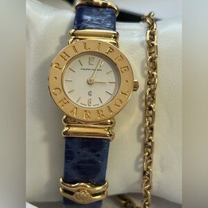Authentic Philippe Charriol Gold Chain and Blue Leather Women's Watch